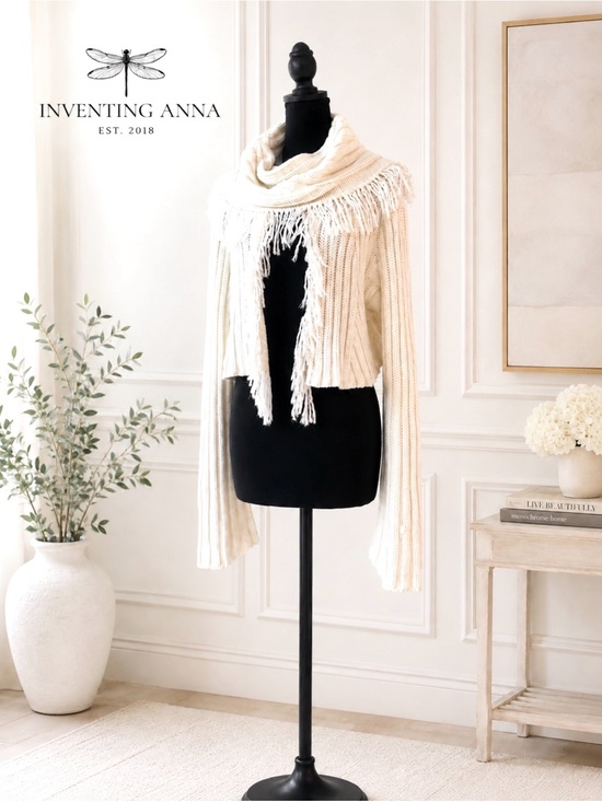 Miss Me Sweaters - Miss Me Cream Cable Knit Cowl Neck Fringe Bell Sleeve Sweater